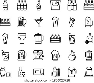 Food line icon set - beer, milk bottle, drink, rice vodka, lemoncello, olive oil, wine, mug, box, champagne, glass, french press, irish coffee, machine, microwave oven, drinks, cocktail, soda, cup