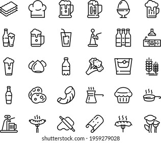Food line icon set - beer, milk bottle, drink, dough and rolling pin, sausage on fork, spike, meringue, chef hat, pan, kitchen, egg stand, turkish coffee, mug, whiskey, muffin, cup, foam, tap