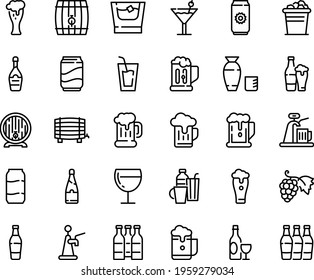 Food line icon set - beer, drink, rice vodka, grape, wine, mug, barrel, glass, champagne, drinks, cocktail, soda, whiskey, ice bucket, bottle, aluminium, foam, tap, bottles