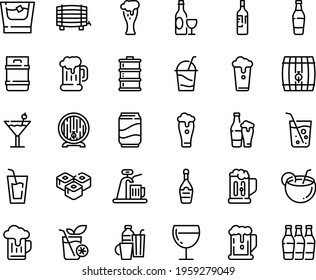 Food line icon set - beer, drink, sushi roll, wine, mug, barrel, glass, champagne, cocktail, drinks, soda, coconut, bottle, whiskey, smoothies, cup, keg, tap, bottles