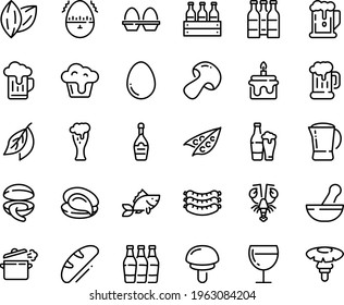 Food line icon set - beer, clam, oyster, lobster, sausages, mug, glass, champagne, wine, coffee pot, fish, cooking pan, egg, stand, timer, bread, cupcake, cake, bottle, box, bottles, peas, mushroom