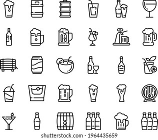 Food line icon set - beer, drink, wine, mug, barrel, glass, champagne, cocktail, irish coffee, soda, coconut, bottle, whiskey, smoothies, cup, keg, foam, tap, bottles