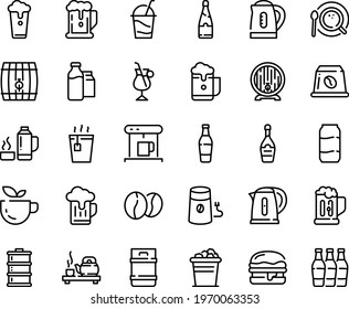 Food line icon set - beer, green tea, hot, ceremony, burger, barrel, champagne, cocktail, coffe maker, coffee mill, top view, irish, beans, capsule, milk bootle and pack, kettle, thermo flask, mug