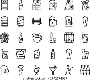 Food line icon set - beer, drink, wine, mug, barrel, glass, champagne, cocktail, irish coffee, soda, coconut, bottle, whiskey, smoothies, cup, keg, foam, tap, bottles