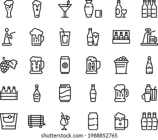 Food line icon set - beer, drink, rice vodka, grape, wine, mug, box, glass, champagne, irish coffee, drinks, cocktail, soda, whiskey, ice bucket, bottle, aluminium, pack, barrel, foam, tap, bottles