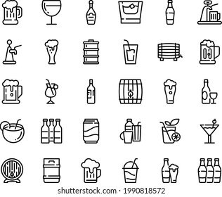Food line icon set - beer, drink, wine, mug, barrel, glass, champagne, cocktail, irish coffee, drinks, soda, coconut, bottle, whiskey, smoothies, keg, tap, bottles