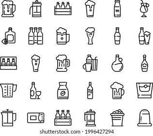 Food Line Icon Set - Beer, Lemoncello, Olive Oil, Wine, Mug, Box, Glass, Champagne, French Press, Instant Coffee, Irish, Microwave Oven, Beaker, Drinks, Milk Bottle, Whiskey, Ice Bucket, Cup, Pack