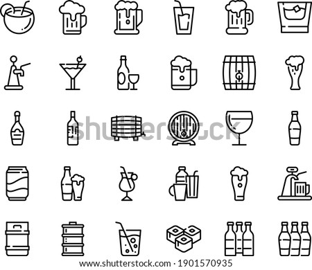 Food line icon set - beer, drink, sushi roll, wine, mug, barrel, glass, champagne, irish coffee, drinks, cocktail, soda, coconut, bottle, whiskey, keg, foam, tap, bottles