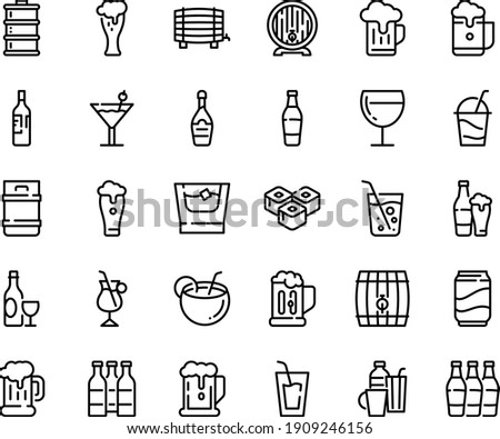 Food line icon set - beer, drink, sushi roll, wine, mug, barrel, glass, champagne, cocktail, irish coffee, drinks, soda, coconut, bottle, whiskey, keg, foam, bottles