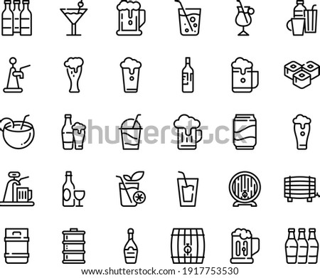 Food line icon set - beer, drink, sushi roll, wine, barrel, glass, champagne, cocktail, irish coffee, drinks, soda, mug, coconut, bottle, smoothies, cup, keg, foam, tap, bottles