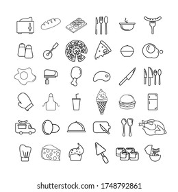 Food line icon set with bread, hamburger, fast food, sushi, ice cream, dish, sausage, kitchen, pizza