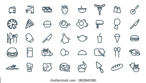 Food line icon set with bread, hamburger, fast food, sushi, ice cream, dish, sausage, kitchen, pizza