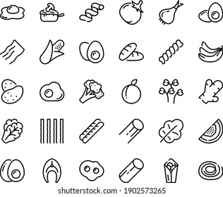 Food line icon set - bread, burito, baguette, julienne, fish steak, eggs yolk, omelette, egg, potato, corn, arugula, onion, broccoli, tomato, salad leaf, banana, plum, melon, ginger, cress, fusilli