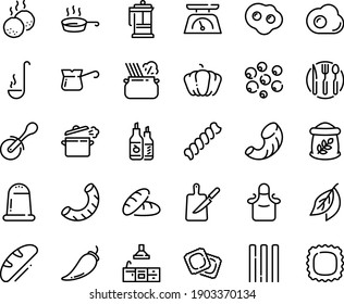 Food line icon set - bread, pizza roll knife, pasta in pan, ravioli, ketchup, french press, turkish coffee, meatballs, cooking, board, kitchen, fork spoon plate, apron, ladle, scales, omelette, salt