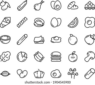 Food line icon set - bread, burger, oyster, temaki, pate can, ribs, hot chicken wing, egg, eggs yolk, omelette, pack, cabbage, onion, mushroom, pumpkin, tomato, salad leaf, beans, squash, coconut