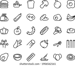 Juego de iconos de línea de alimentos - pan, hamburguesa, tenedor con pasta, baguette, juliana, cuchillo de mantequilla, costillas, huevos, tortilla, trozo, maíz, setas, brócoli, calabaza, tomate, calabaza, plátano, coco, naranja, berenjena