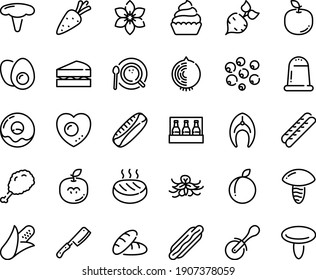 Food line icon set - bread, hot dog, fried chiken leg, pizza roll knife, donut, baguette, cupcake, coffee top view, fish steak, cutlet, chef, eggs yolk, love egg, sanwich, beer pack, carrot, beet