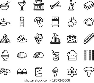 Food line icon set - bread, hot dog, cafe shop, ice cream horn, rice bowl, cheese, olives, salami, meringue, meatballs, chef hat, pan, egg stand, cocktail, soda, milk bottle, glass, baguette, tap