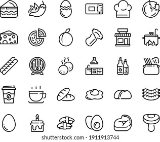 Food line icon set - bread, cafe, pizza, hot pepper, coffee to go, sashimi, cheese, pasta in pan, cup, sausages, ketchup, beer barrel, baguette, meat, meatballs, chef hat, kitchen, microwave oven