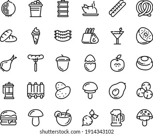 Food line icon set - bread, sausage on fork, ice cream, chinese chicken, sausages, beer mug, pretzel, burger, acorn, baguette, french press, ribs, broaken egg, cocktail, coconut, bucket, cheesecake