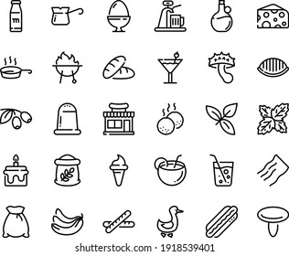 Food Line Icon Set - Bread, Cafe Shop, Ice Cream Horn, Cheese, Basil, Olives, Olive Oil, Hot Dog, Goose, Turkish Coffee, Meatballs, Bbq, Pan, Egg Stand, Cocktail, Milk Bottle, Coconut, Soda Glass