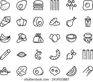 Food line icon set - bread, burger, burito, clam, shrimp, temaki, julienne, ribs, eggs, omelette, yolk, potato, beet, onion, broccoli, pumpkin, salad leaf, banana, coconut, melon, avocado, cress