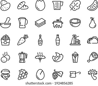 Food line icon set - bread, french fries, burito, tacos, clam, coffee pot, grape, ham, champagne, turkish, sausage on fork, meatballs, cooking, beaker, broaken egg, beer bottle, tap, potato, carrot