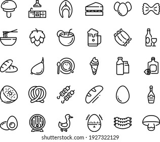 Food line icon set - bread, ice cream, funchose, kebab, lemoncello, wine, sausages, pretzel, beer barrel, champagne, goose, coffee top view, milk bootle and pack, ribs, fish steak, kitchen, egg, hop