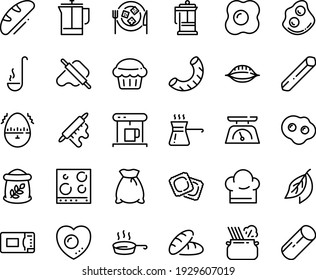 Food line icon set - bread, dough and rolling pin, pasta in pan, ravioli, omelette, cheese plate, french press, coffe maker, chef hat, microwave oven, ladle, kitchen scales, stove top view, love egg