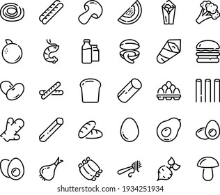 Food line icon set - bread, burger, burito, clam, shrimp, temaki, fork with pasta, baguette, milk bootle and pack, ribs, egg, eggs yolk, piece, beet, onion, mushroom, broccoli, beans, melon, orange