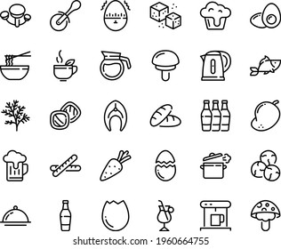 Food line icon set - bread, fish, funchose, green tea, pizza roll knife, coffe maker, irish coffee, refined sugar, steak, cooking pan, dish dome, kettle, broaken egg, timer, yolk, pot, baguette