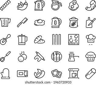 Food line icon set - bread, hot pepper, chef hat, pizza roll knife, ravioli, omelette, coffe maker, french press, meatballs, board, whisk, cooking glove, fork spoon plate, kettle, microwave oven