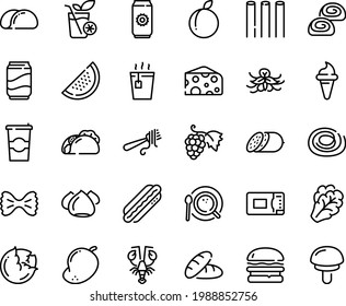 Food line icon set - bread, burger, tacos, ice cream horn, hot tea, lobster, cheese, fork with pasta, grape, salami, dog, meringue, bakery, coffee top view, to go, microwave oven, soda, smoothies