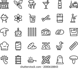 Food Line Icon Set - Bread, Cafe Shop, Tea Ceremony, Cheese, Basil, Salami, Baguette, Goose, Bbq, Chef Hat, Pan, Kitchen Scales, Cocktail, Soda, Milk Bottle, Glass, Whiskey, Cake, Beer Keg, Tap