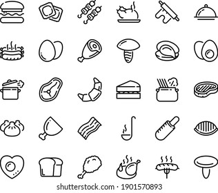 Food line icon set - burger, fried chiken leg, french hot dog, dim sum, oyster, chinese chicken, kebab, pasta in pan, ravioli, steak, ham, croissant, sausage on fork, roasted sausages, sowbelly, egg