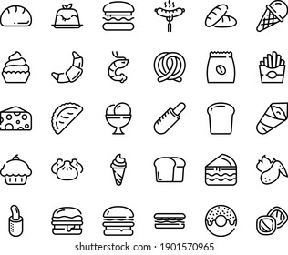 Food line icon set - burger, cupcake, bread, sandwich, french fries, donut, hot dog, ice cream, dim sum, shrimp, temaki, calsone, cheese, panna cotta, sausage on fork, pretzel, croissant, piece