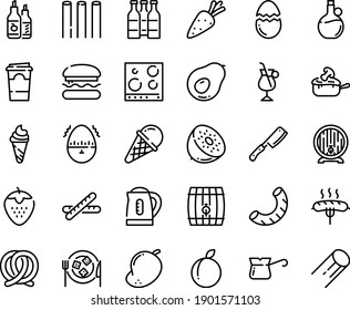 Food line icon set - burger, ice cream, olive oil, pretzel, ketchup, beer barrel, cheese plate, julienne, turkish coffee, irish, sausage on fork, stove top view, chef knife, broaken egg, timer, plum