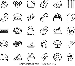 Food line icon set - burger, salad, sandwich, pizza piece, oyster, sushi roll, chinese chicken, gunkan, dough and rolling pin, steak, donut, baguette, butter knife, fish, sowbelly, meatballs, egg