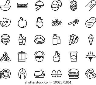 Food line icon set - burger, sandwich, ice cream, clam, oyster, fork with pasta, olive oil, pate can, dish dome, french press, coffee top view, to go, milk bootle and pack, sausage on, fish steak