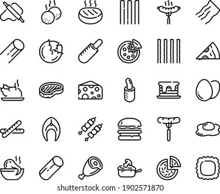 Food line icon set - burger, pizza, sausage on fork, piece, french hot dog, octopus soup, chinese chicken, dough and rolling pin, cheese, steak, ham, julienne, kebab, fish, cutlet, meatballs, egg