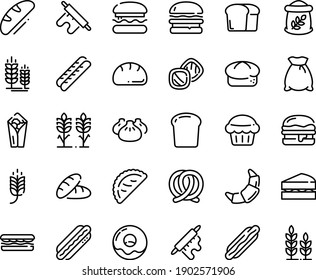 Food line icon set - burger, spike, bread, hot dog, sandwich, burito, dim sum, calsone, pretzel, donut, croissant, baguette, rolling pin, piece, flour bag, spikes, sanwich, muffin, cookies, wheat
