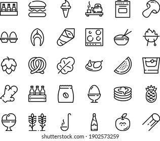 Food line icon set - burger, ice cream horn, rice bowl, tea ceremony, temaki, pretzel, pancakes, coffee pack, chicken, fish steak, bbq, ladle, stove, top view, egg stand, champagne, whiskey, spikes