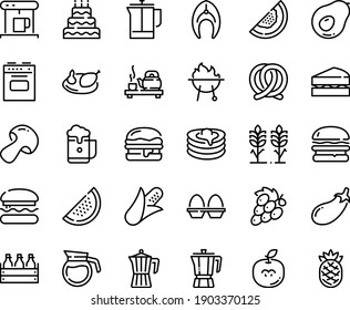 Food line icon set - burger, tea ceremony, coffee pot, pretzel, beer box, pancakes, coffe maker, french press, chicken, fish steak, bbq, stove, egg stand, spikes, sanwich, big cake, foam, corn