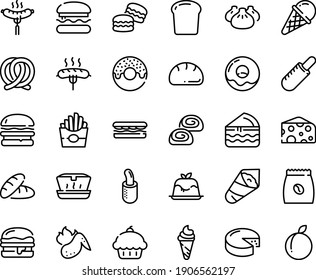 Food line icon set - burger, cupcake, bread, sandwich, french fries, donut, hot dog, ice cream, lunch box, dim sum, temaki, cheese, panna cotta, sausage on fork, pretzel, bakery, coffee pack, piece