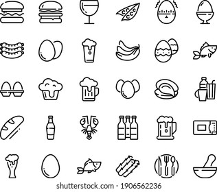 Food line icon set - burger, beer, fish, oyster, lobster, sausages, glass, wine, fork spoon knife plate, microwave oven, egg, stand, eggs, easter, timer, drinks, bread, cupcake, cup, bottle, peas