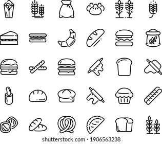 Food line icon set - burger, spike, bread, sandwich, burito, dim sum, dough and rolling pin, calsone, pretzel, croissant, baguette, french hot dog, piece, flour bag, spikes, sanwich, muffin, cookies
