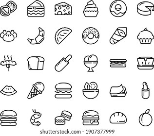 Food Line Icon Set - Burger, Salad, Cupcake, Watermelon Piece, Sandwich, Donut, French Hot Dog, Lunch Box, Dim Sum, Shrimp, Temaki, Calsone, Cheese, Ice Cream, Pate Can, Croissant, Sausage On Fork