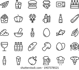 Food line icon set - burger, bread, french fries, clam, lobster, chef hat, beer mug, champagne, wine glass, cheese plate, fish, microwave oven, egg, drinks, bottle, box, bottles, peas, mushroom