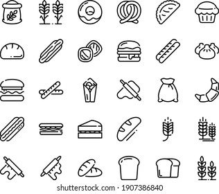 Food line icon set - burger, spike, bread, hot dog, sandwich, burito, dim sum, dough and rolling pin, calsone, pretzel, donut, croissant, baguette, piece, flour bag, spikes, sanwich, muffin, cookies