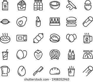 Food line icon set - burger, french fries, hot tea, drink to go, oyster, pretzel, ketchup, milk tank, dog, coffee pot, sausage, cutlet, microwave oven, kitchen scales, chef knife, egg, broaken, eggs